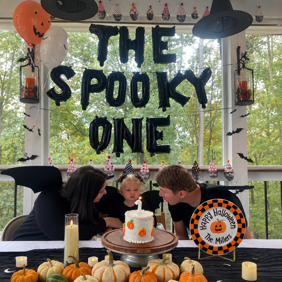 Personalized Halloween Plate, Custom Family Name Ceramic Plate, Orange Black Checkerboard Dish, Pumpkin Keepsake | H004