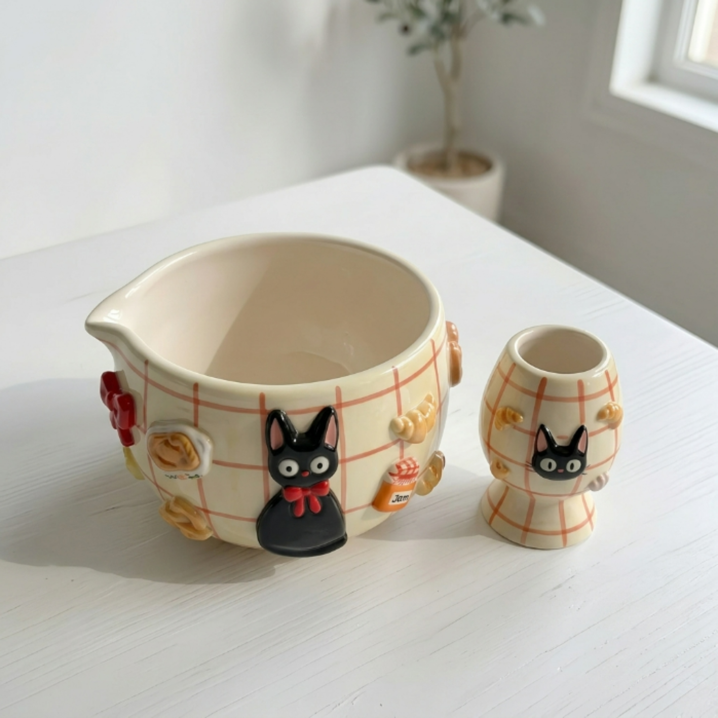 Checkered Jiji Cat Matcha Bowl | Handmade Ceramic Chawan | LA019