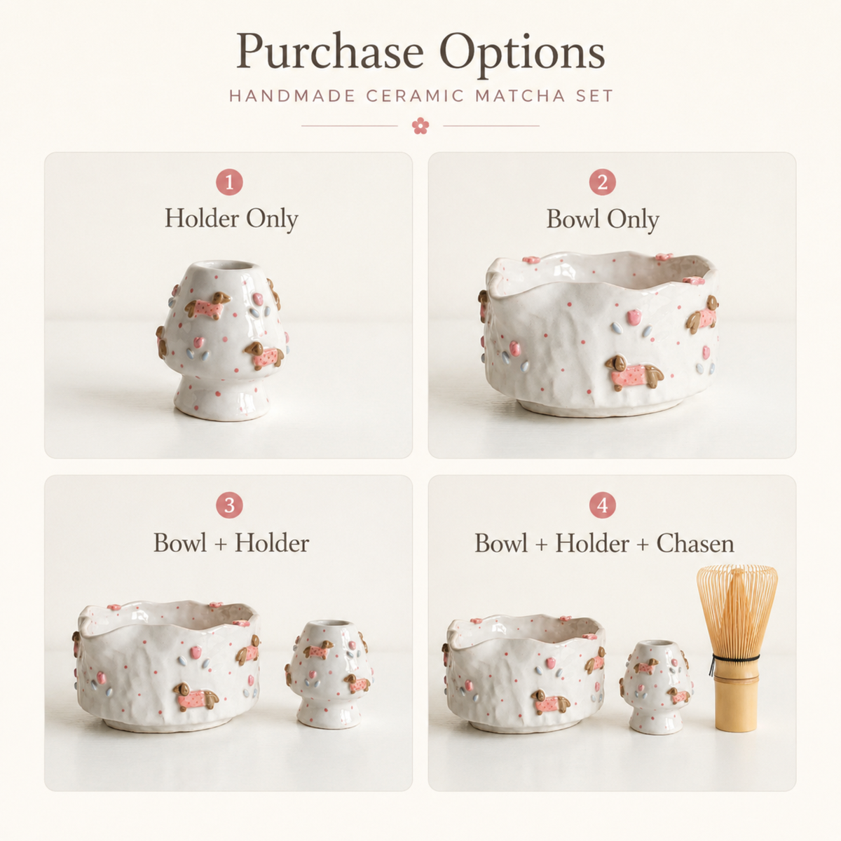 Handmade Dachshund Dog Ceramic Matcha Bowl Set | Cute Sweater Dachshund Chawan & Whisk Holder • HX58