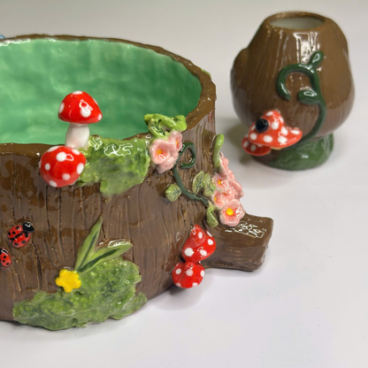 Handmade Ancient Tree Stump Ceramic Matcha Set • Forest Mushroom Chawan Bowl & Whisk Holder • HX52