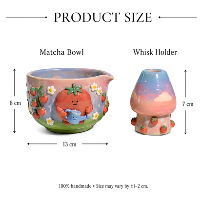 Handmade Cute Tomato Ceramic Matcha Bowl Set | Kawaii Spouted Chawan & Whisk Holder • HX54