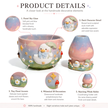 Cute Duck with Blue Bow 3D Ceramic Matcha Set, Handbuilt Duckling Matchawan and Whisk Holder • HX22