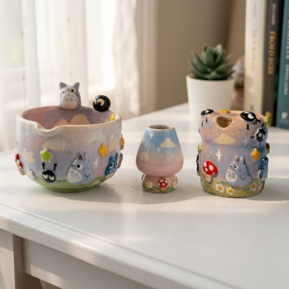 Totoro Matcha Bowl Set, Woodland Inspired Pottery, Anime Inspired Decor| Handmade Ceramic Chawan | LA023