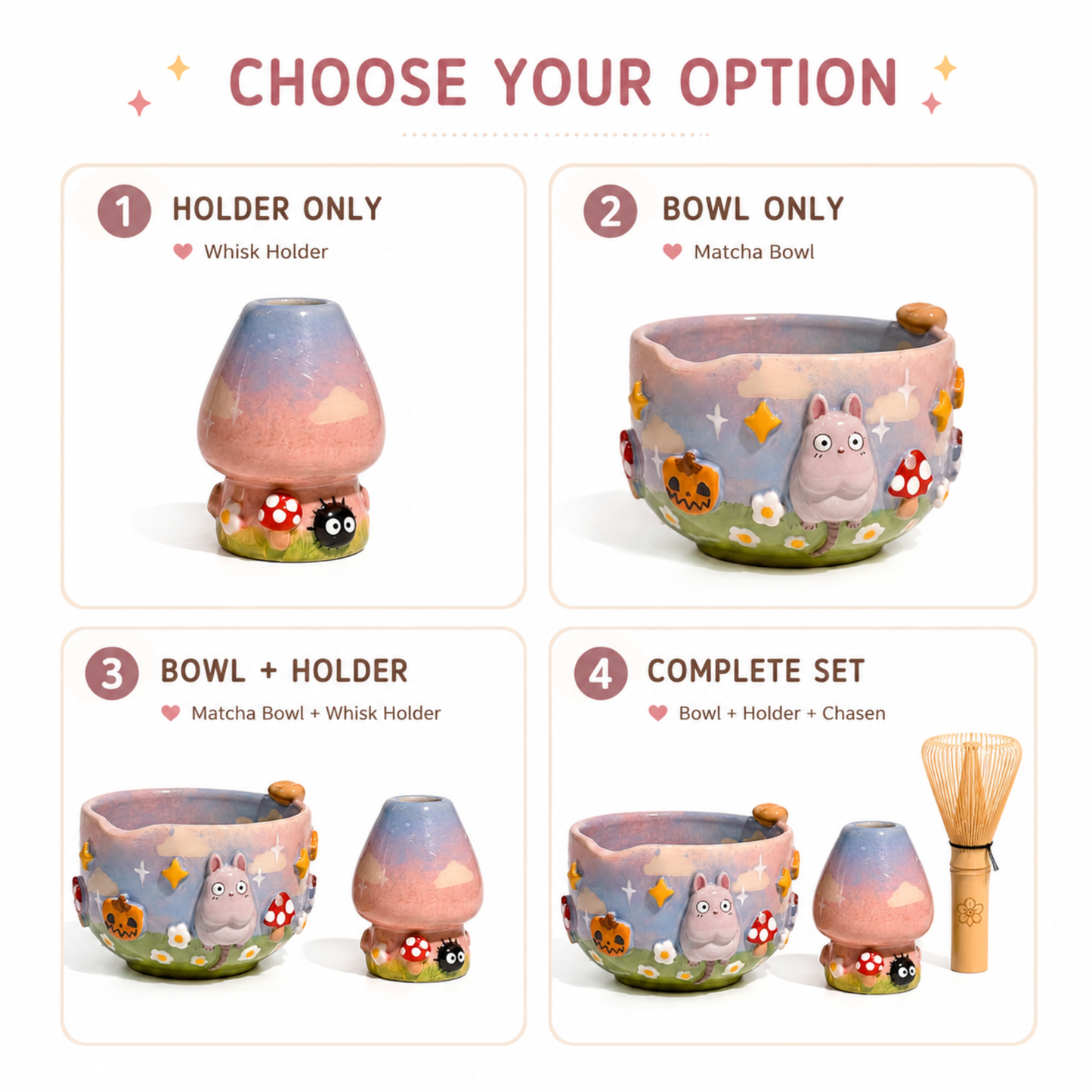 Spirited Away Boh Mouse & Soot Sprite 3D Handcrafted Ceramic Matcha Bowl and Whisk Holder Set • HX29