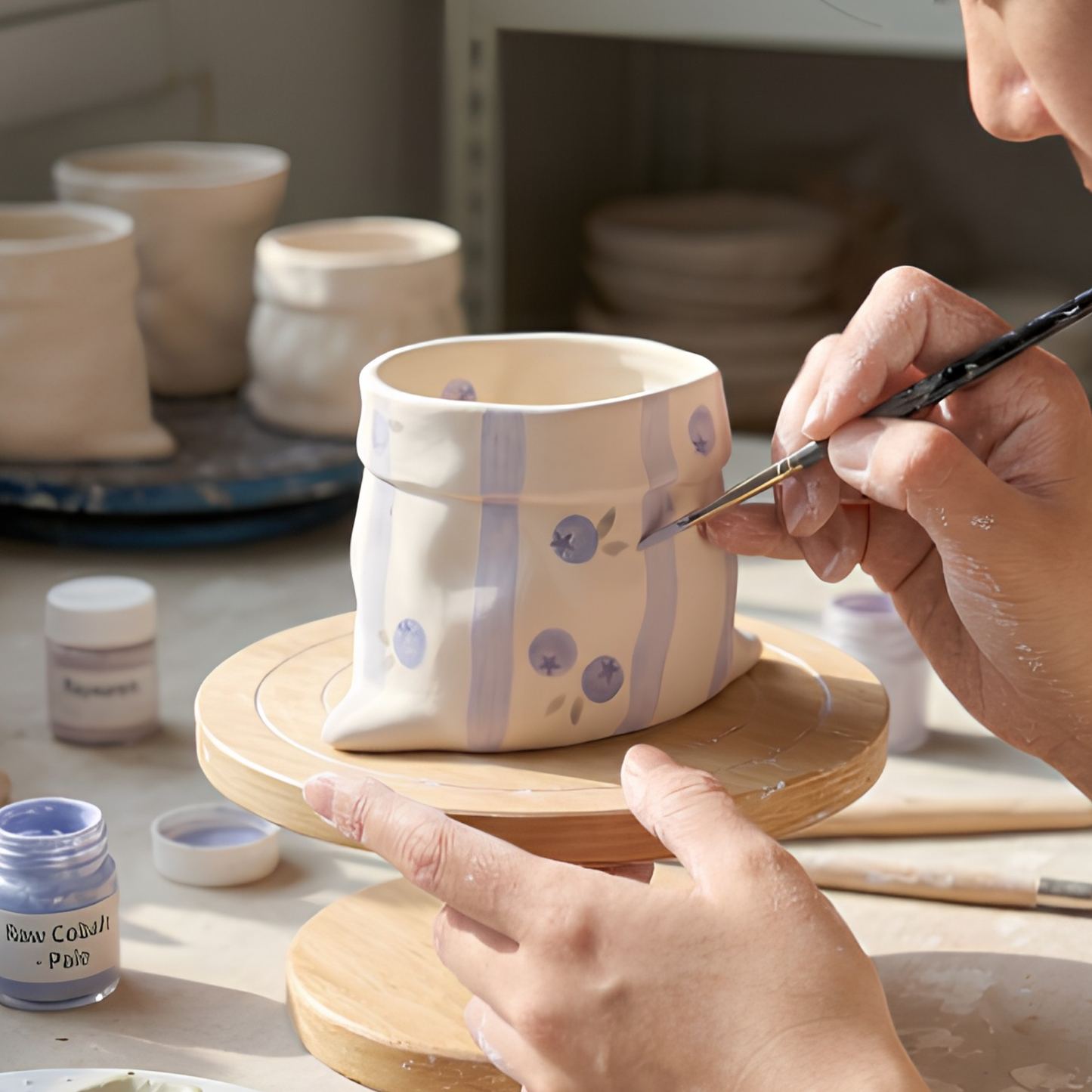 Handcrafted Blueberry Ceramic Bag Mug, Cute Hand-painted Blue Stripe Paper Bag Shaped Cup • HX43