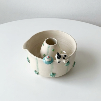 Handcrafted Sweet Cat & Tiny Cake 3D Ceramic Matcha Bowl and Whisk Holder Set – Pastel Mint Star Edition • HX13