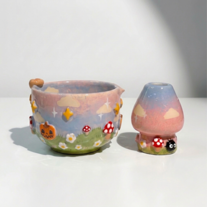 Fairytale Dream Mushroom & Whisk Holder 3D Handcrafted Ceramic Matcha Bowl Set • HX30