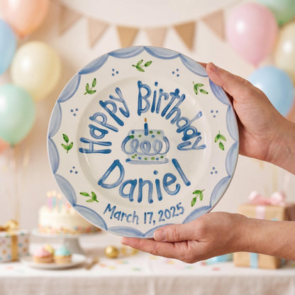 Personalized Birthday Plate – Blue Scalloped Border, Leaf Sprigs & Cake Design | B046