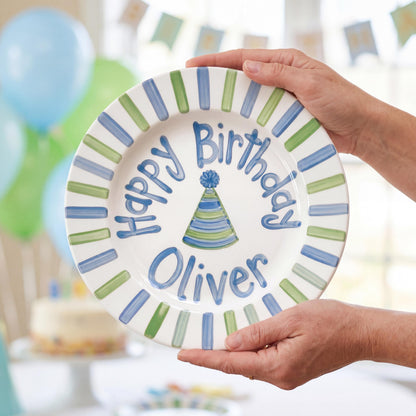 Personalized Birthday Plate – Blue and Green Striped Border & Party Hat Design | B048