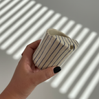 Handcrafted Ceramic Travel Mug with Blue Stripes and Red Heart – Minimalist Reusable Ceramic Coffee Cup & Tumbler • HX03