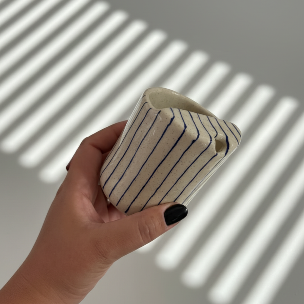 Handcrafted Ceramic Travel Mug with Blue Stripes and Red Heart – Minimalist Reusable Ceramic Coffee Cup & Tumbler • HX03