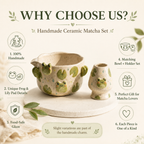Handmade Cute Frog Ceramic Matcha Bowl Set | Kawaii Lily Pad Spouted Chawan & Whisk Holder • HX55