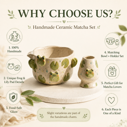 Handmade Cute Frog Ceramic Matcha Bowl Set | Kawaii Lily Pad Spouted Chawan & Whisk Holder • HX55