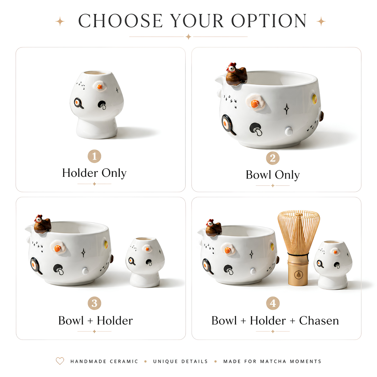 Cute 3D Chicken & Fried Egg Ceramic Matcha Bowl and Whisk Holder Set • HX02