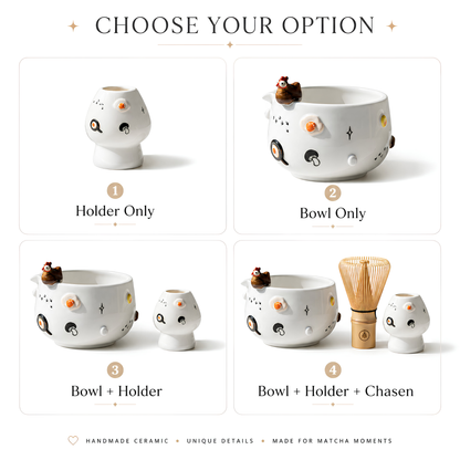 Cute 3D Chicken & Fried Egg Ceramic Matcha Bowl and Whisk Holder Set • HX02