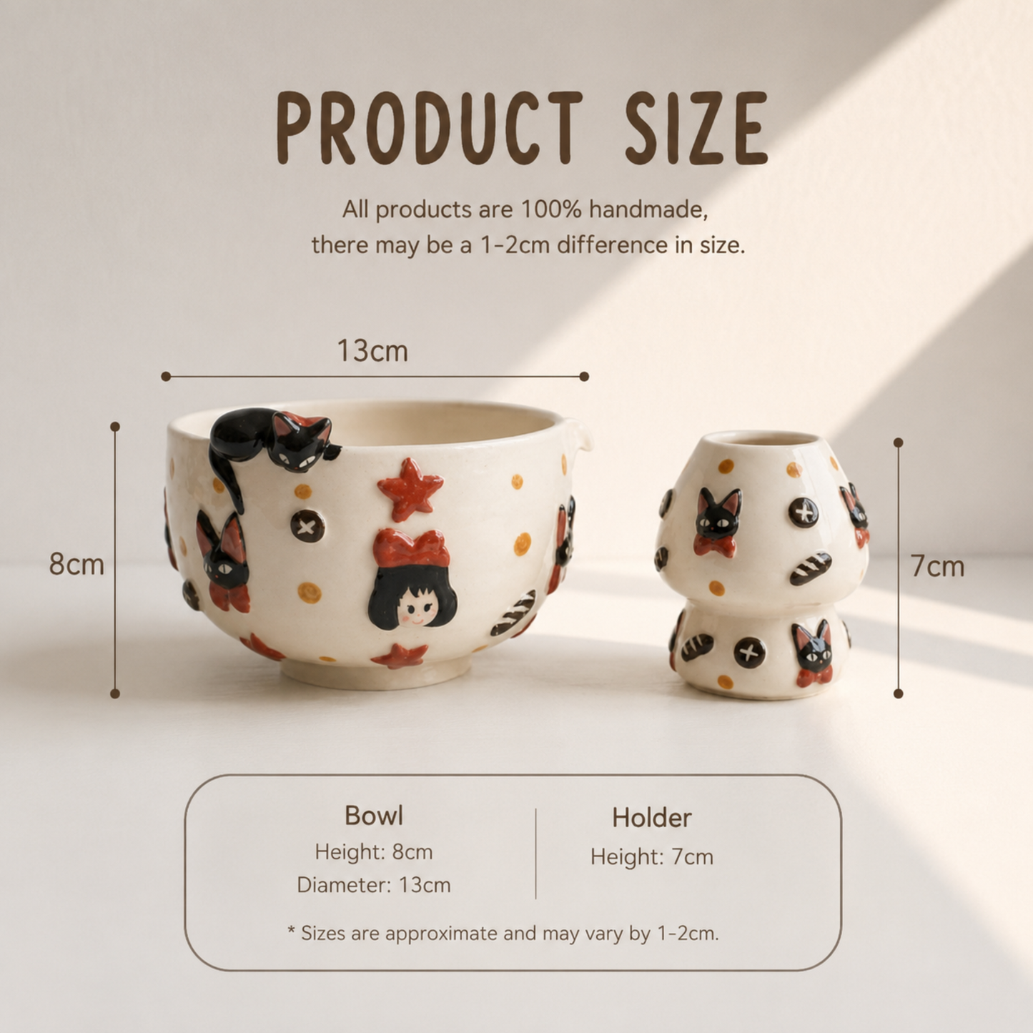 Kiki's Delivery Service 3D Handcrafted Ceramic Matcha Bowl and Jiji Whisk Holder Set • HX12