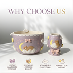 Lavender Dream Teddy Bear & Crescent Moon 3D Handcrafted Ceramic Matcha Bowl and Whisk Holder Set • HX27