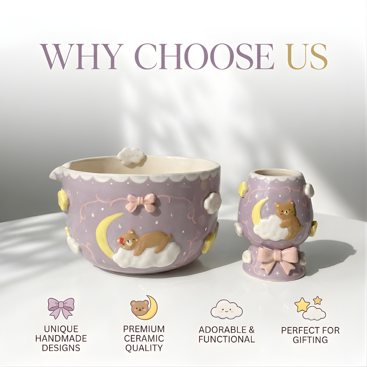 Lavender Dream Teddy Bear & Crescent Moon 3D Handcrafted Ceramic Matcha Bowl and Whisk Holder Set • HX27