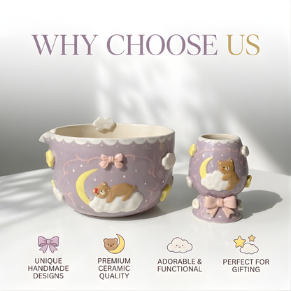 Lavender Dream Teddy Bear & Crescent Moon 3D Handcrafted Ceramic Matcha Bowl and Whisk Holder Set • HX27