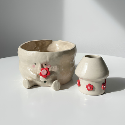 Handcrafted Flower Giving Creature Ceramic Matcha Bowl and Whisk Holder Set • HX44