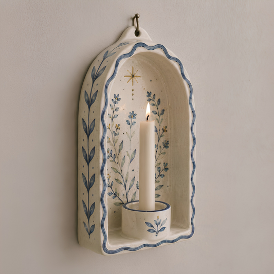 Ceramic Wall Candle Holder, Blue Floral Wall Sconce, Cottagecore Decor, Rustic Wall Decor | LA141