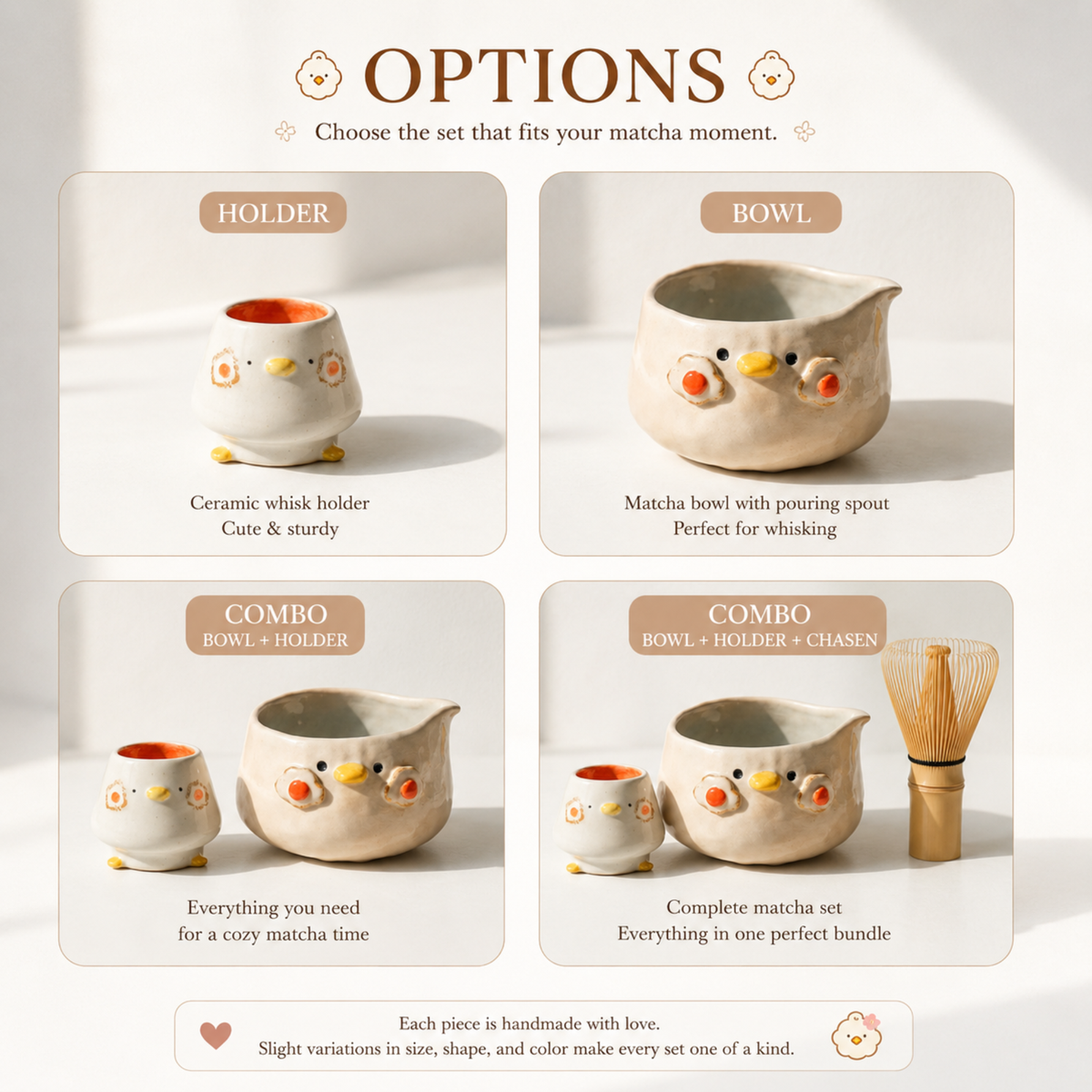 Handmade Kawaii Chick Ceramic Matcha Bowl Set | Aesthetic Breakfast Tea Set • HX60
