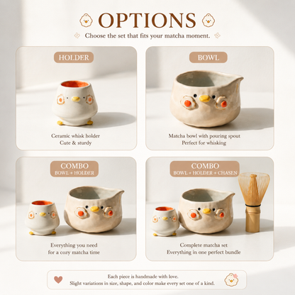 Handmade Kawaii Chick Ceramic Matcha Bowl Set | Aesthetic Breakfast Tea Set • HX60