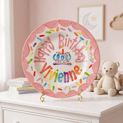 Personalized Birthday Plate – Pink Scalloped Border, Colorful Sprinkles & Cake Design | BHL010