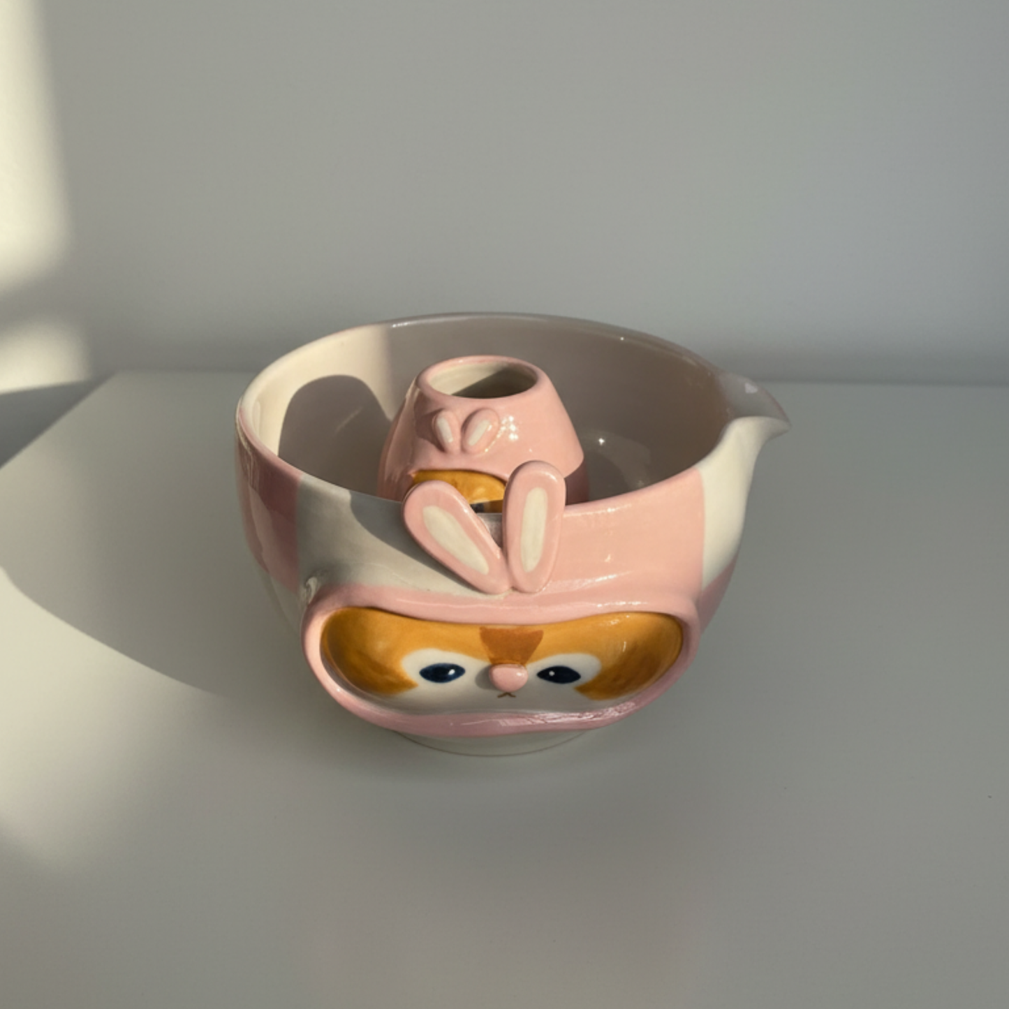 Kawaii Handcrafted Ceramic Pilot Squirrel Matcha Bowl and Whisk Holder Set – Pink Checkerboard Edition • HX28