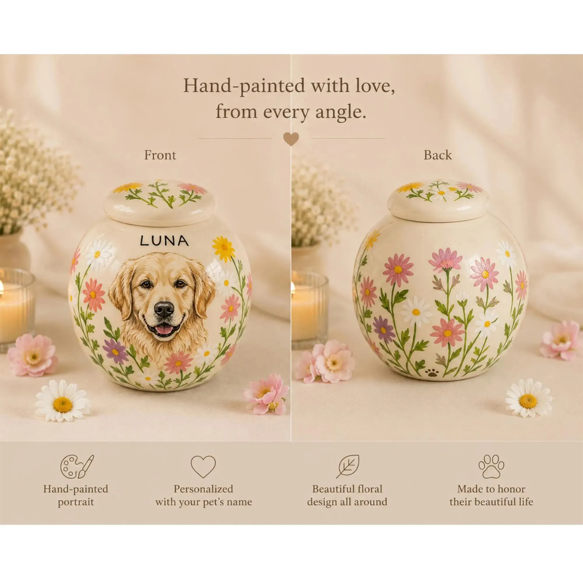 Hand-Painted Pet Portraint Urn | Personalized Ceramic Keepsake | LA200