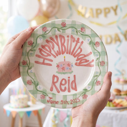 Personalized Birthday Plate – Green Gingham Rose Vine & Floral Cake Design | B047