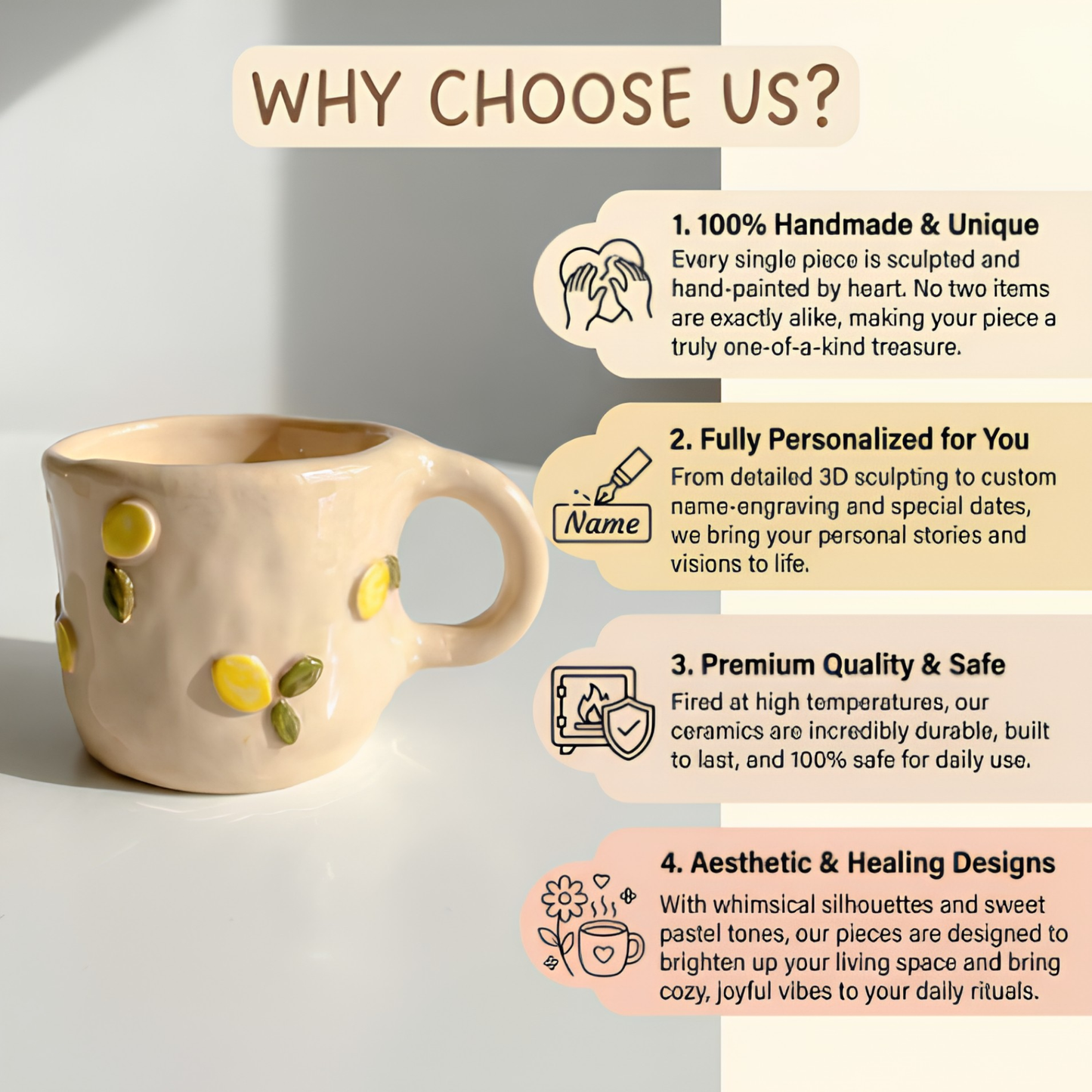 Handmade Ceramic Lemon Mug – Aesthetic Wavy Clay Coffee & Tea Cup • HX51