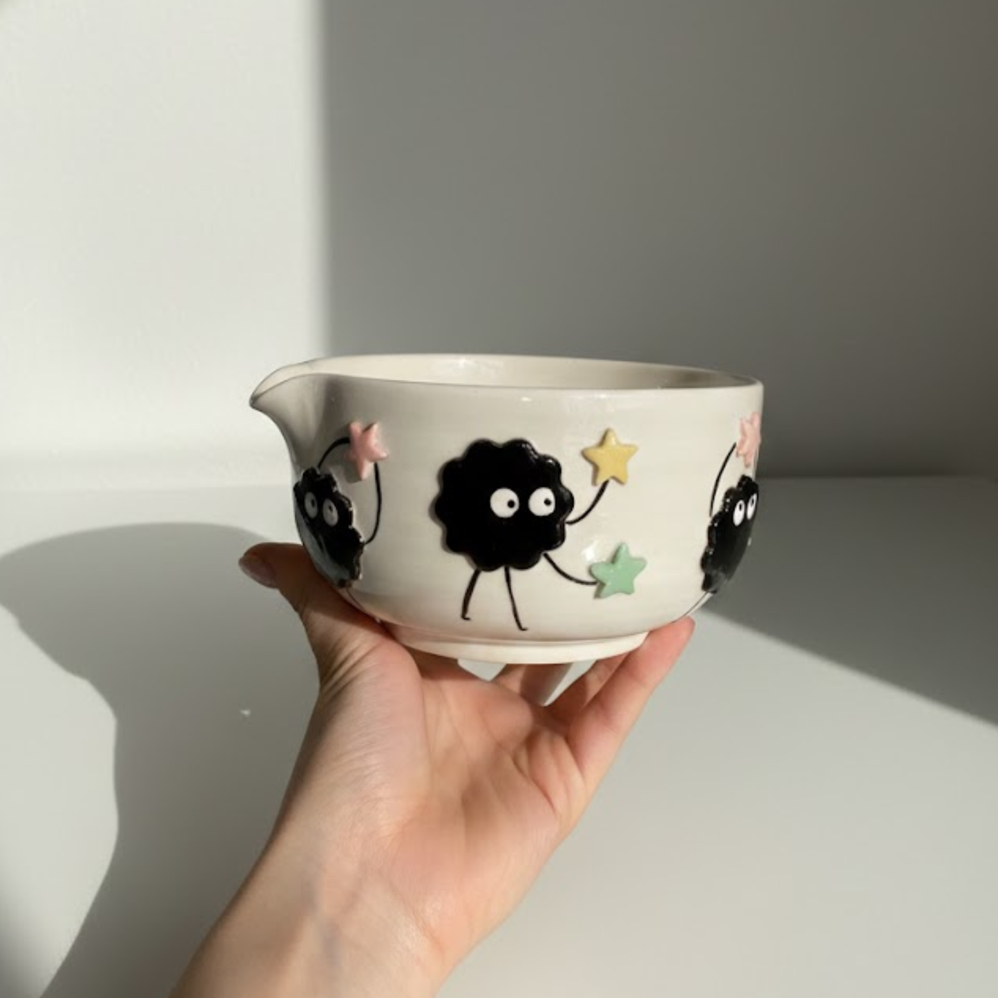Spirited Away Susuwatari 3D Handcrafted Ceramic Matcha Bowl and Soot Sprite Whisk Holder Set • HX15