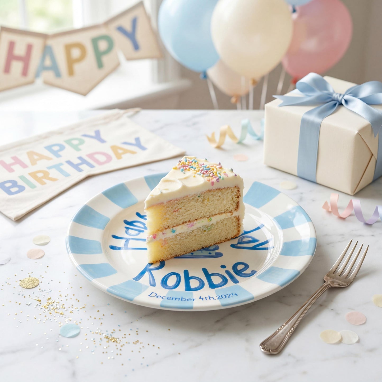 Custom Name Birthday Plate – Blue Stripe Border & Cake Design | B056