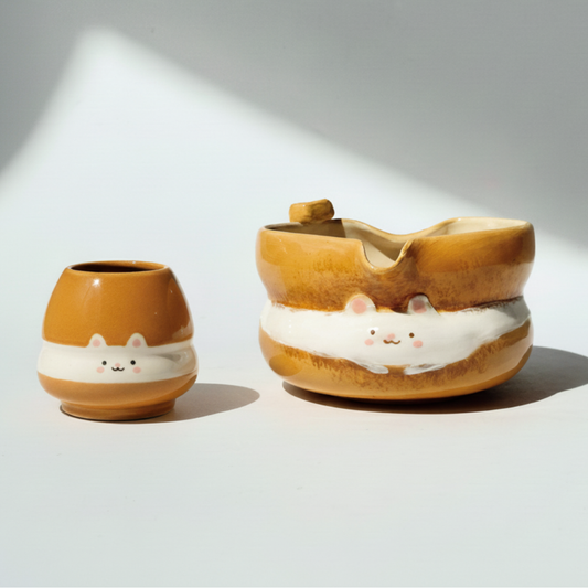 Handmade Cute Toast Bear Cream Sandwich Ceramic Matcha Bowl Set | Spouted Chawan & Whisk Holder • HX57