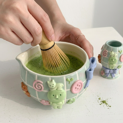 Cute Smiski 3D Pastel Ceramic Matcha Bowl and Whisk Holder Set – Handcrafted Matchawanwl • HX02