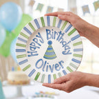 Custom Name Birthday Plate – Blue and Green Stripe Party Hat Design | B048