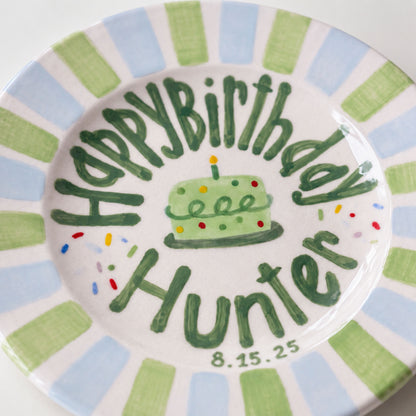 Personalized Green Blue Birthday Plate, Custom Ceramic Birthday Dish, Striped Cake Plate, Boys Birthday Tradition Heirloom Keepsake | B021