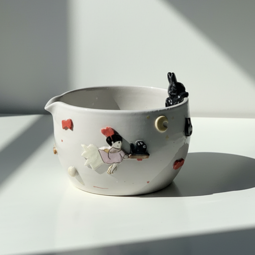 Kiki's Delivery Service Jiji & Moon 3D Handcrafted Ceramic Matcha Bowl and Whisk Holder Set • HX16