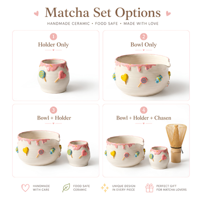 Handcrafted Sweet Candy Ceramic Matcha Bowl and Whisk Holder Set • HX25