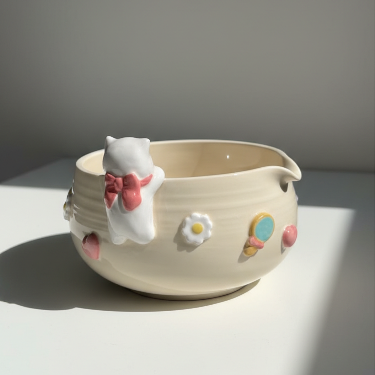 Handcrafted Sporty Cat Ceramic Matcha Bowl and Whisk Holder Set • HX29