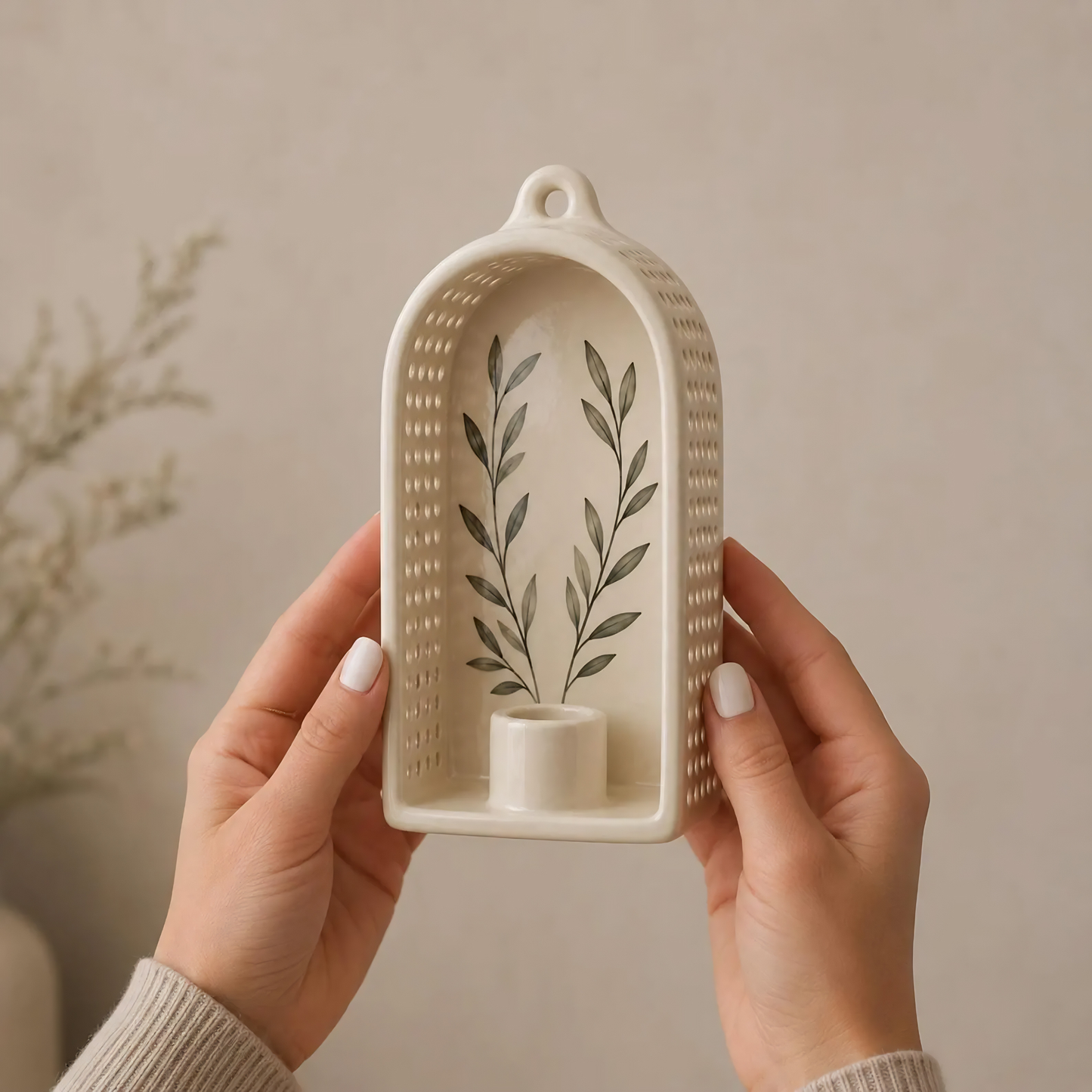 Perforated Ceramic Wall Sconce, Handmade Candle Lantern, Taper Candle Holder, Botanical Light Decor, Tealight Holder, Housewarming Gift | LA138