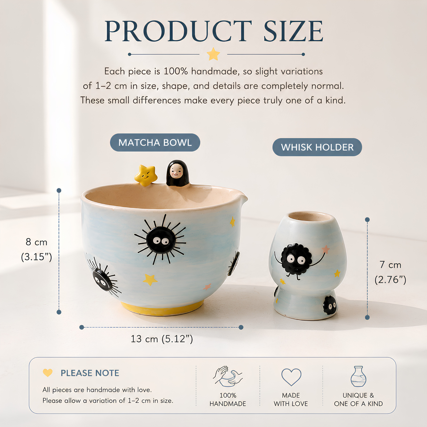 Spirited Away No-Face & Soot Sprite 3D Handcrafted Ceramic Matcha Bowl and Whisk Holder Set • HX18
