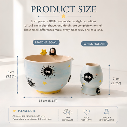 Spirited Away No-Face & Soot Sprite 3D Handcrafted Ceramic Matcha Bowl and Whisk Holder Set • HX18