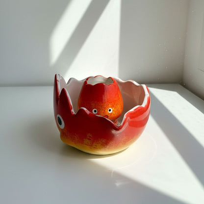 Ghibli Calcifer Fire 3D Handcrafted Ceramic Matcha Bowl and Totoro Whisk Holder Set • HX13