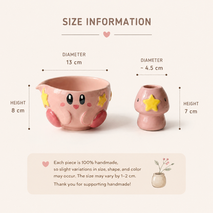 Kawaii Kirby 3D Handcrafted Ceramic Matcha Bowl and Warp Star Whisk Holder Set • HX14