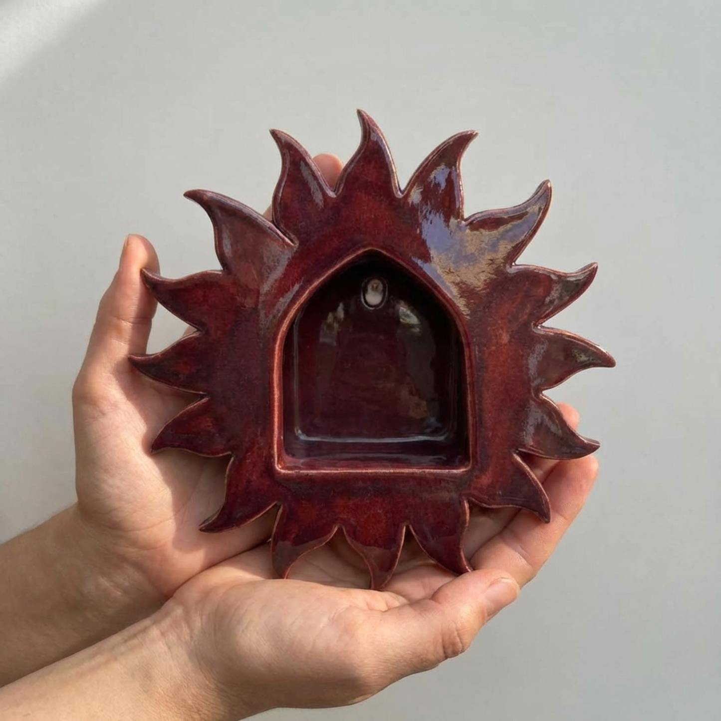 Handcrafted Red Sunburst Ceramic Wall Candle Sconce, Burgundy Sun Medallion Tealight Holder • HX35