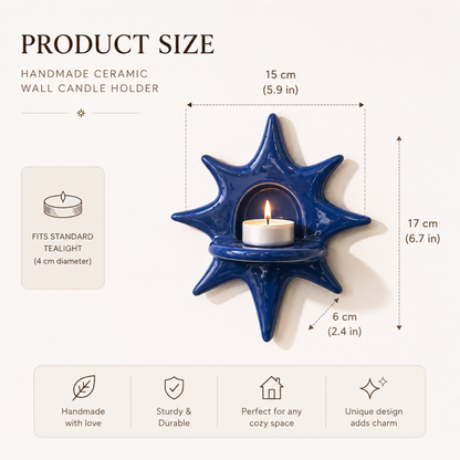 Handcrafted Sage Green Star Ceramic Wall Candle Sconce, Matte Mint Sunburst Celestial Tealight Holder • HX34