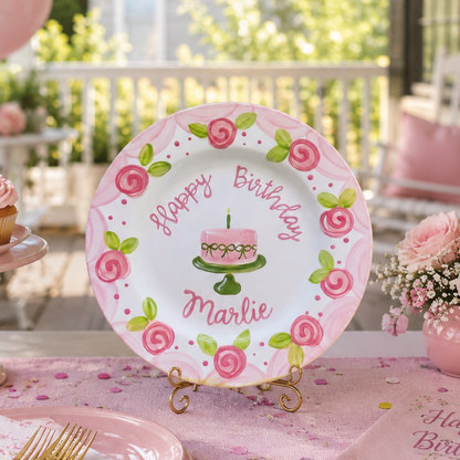 Custom Hand Painted Ceramic Birthday Plate, Pink Floral Swirl Dish, Personalized Birthday Plate, First Birthday Gift Girl | B015