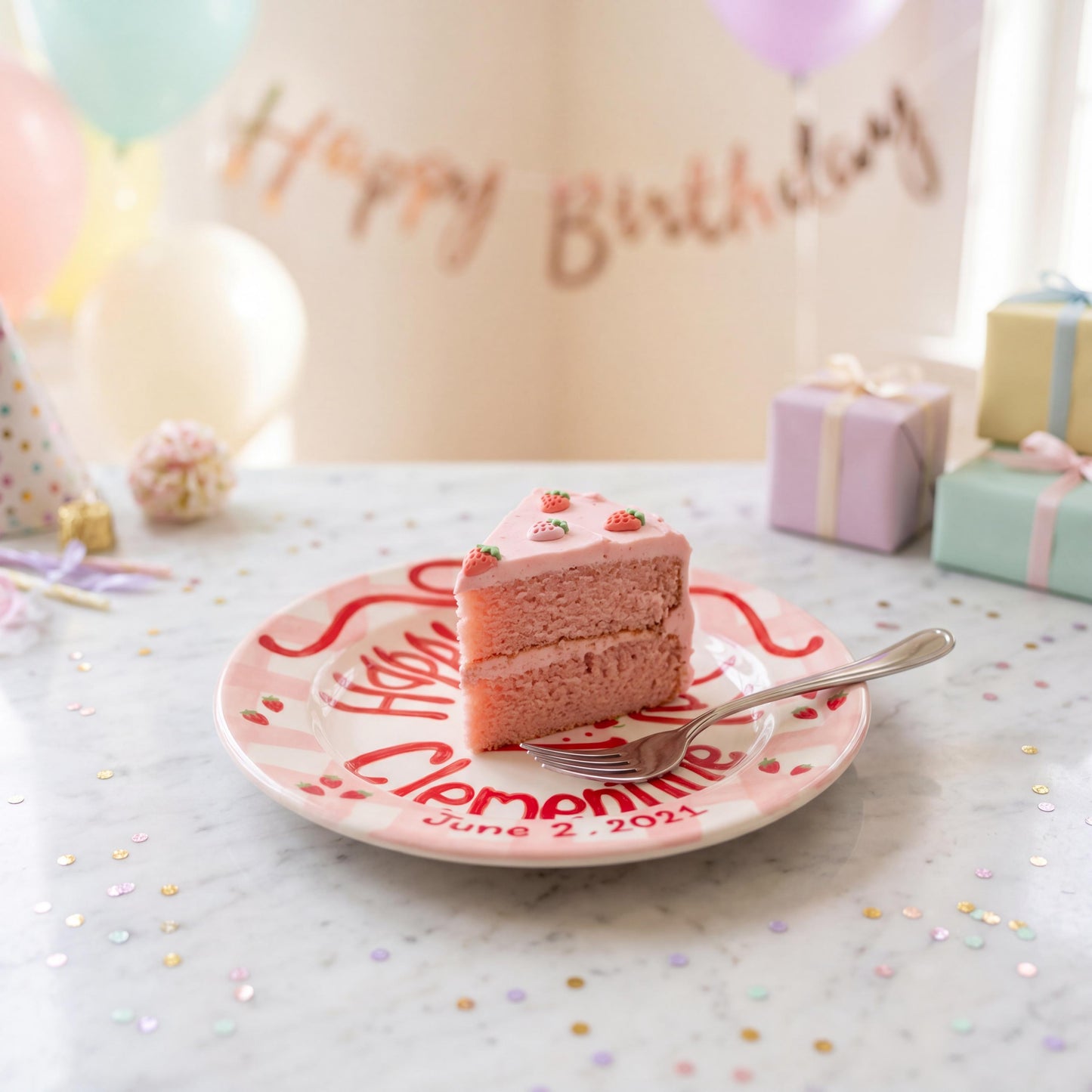 Personalized Birthday Plate – Pink Checkered Strawberry Cake & Bow Design | B071